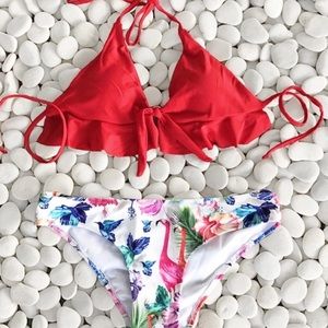 Bikini Red Top Tropical Flamingo Print Bottom  NEW